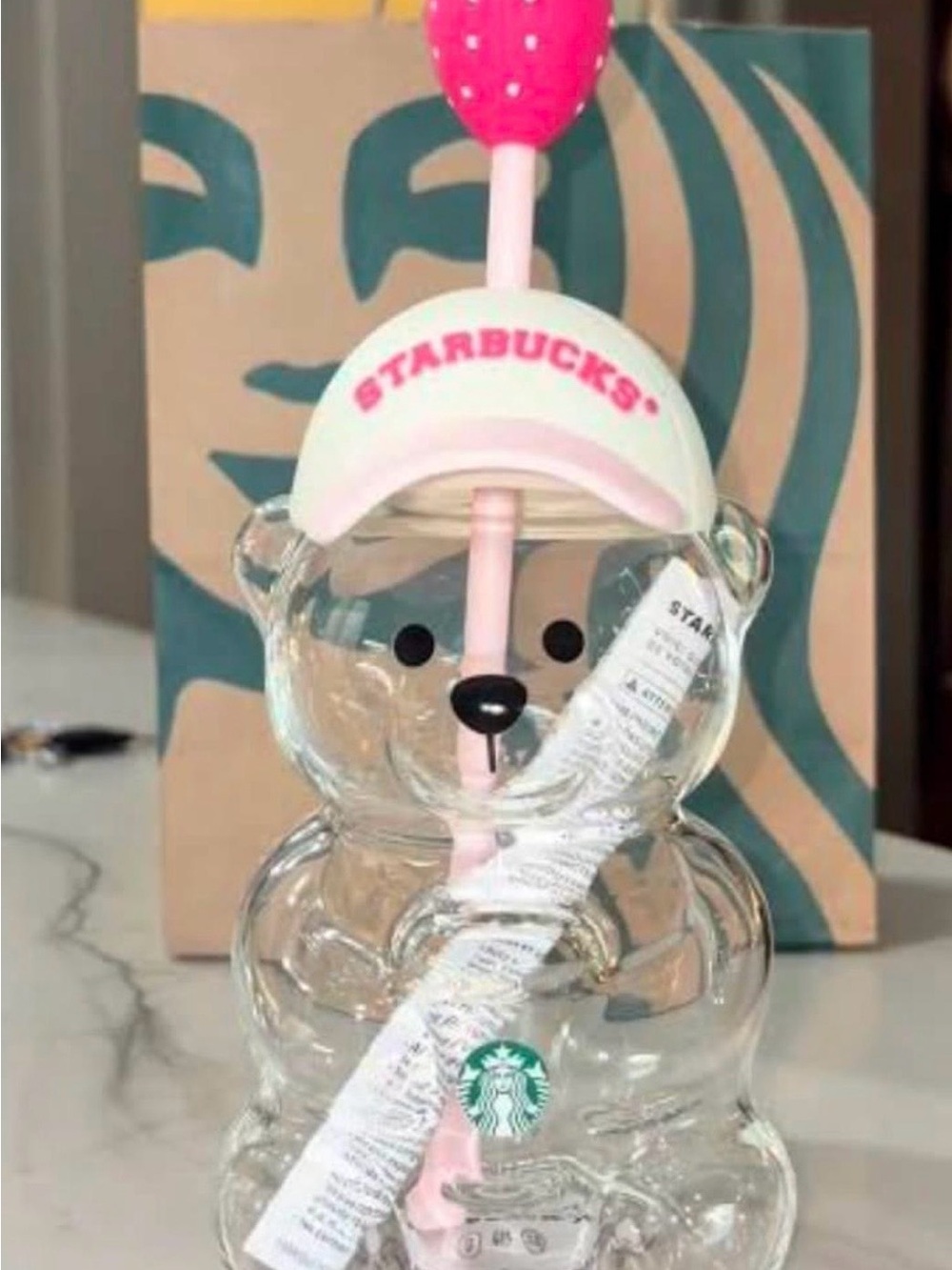 Starbucks Clear Bear  Bottle with Pink Straw and Pink Cap